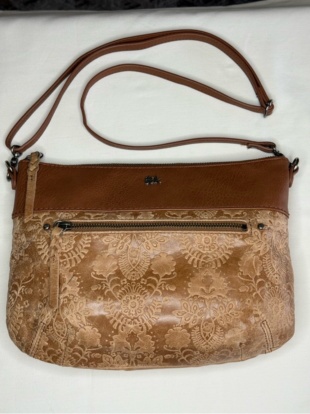 The Sak Sanibel Embossed Leather Bag-Brown-Floral Shoulder/Crossbody
